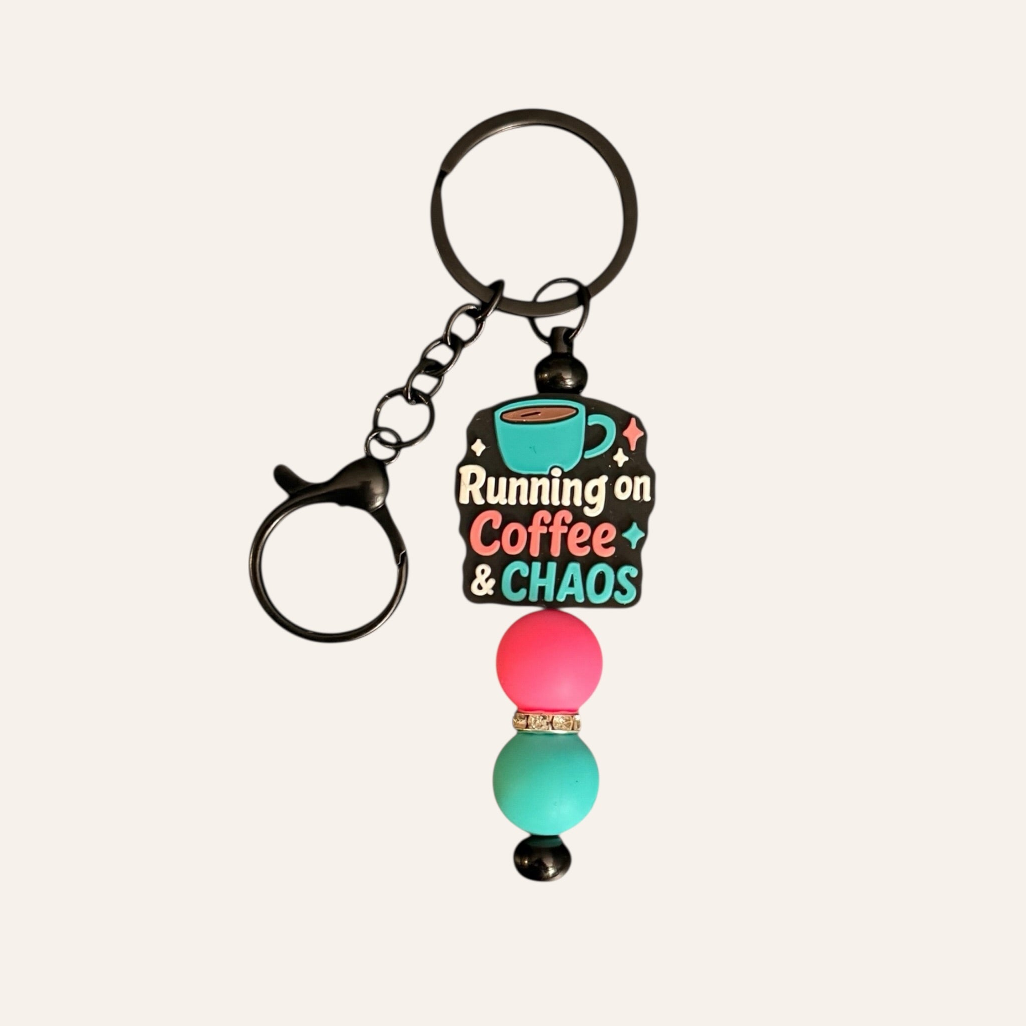 "Running on Coffee & Chaos" Silicone Beaded Keychain